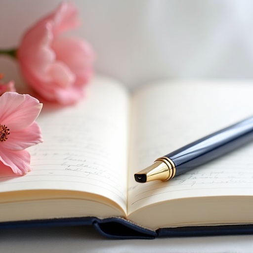A journal with a fountain pen and flowers